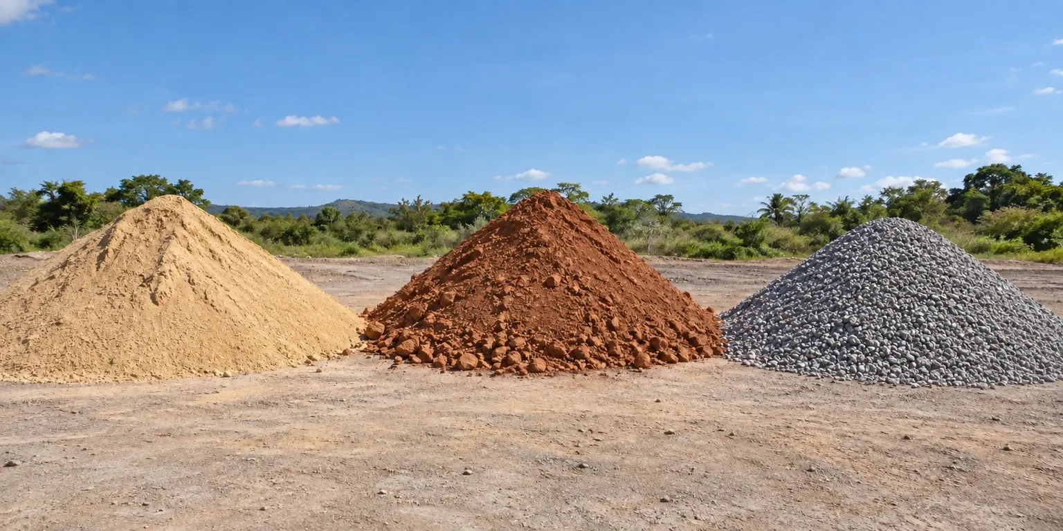 Pilhas de areia, aterro e brita fornecidas pela MT Terraplanagem